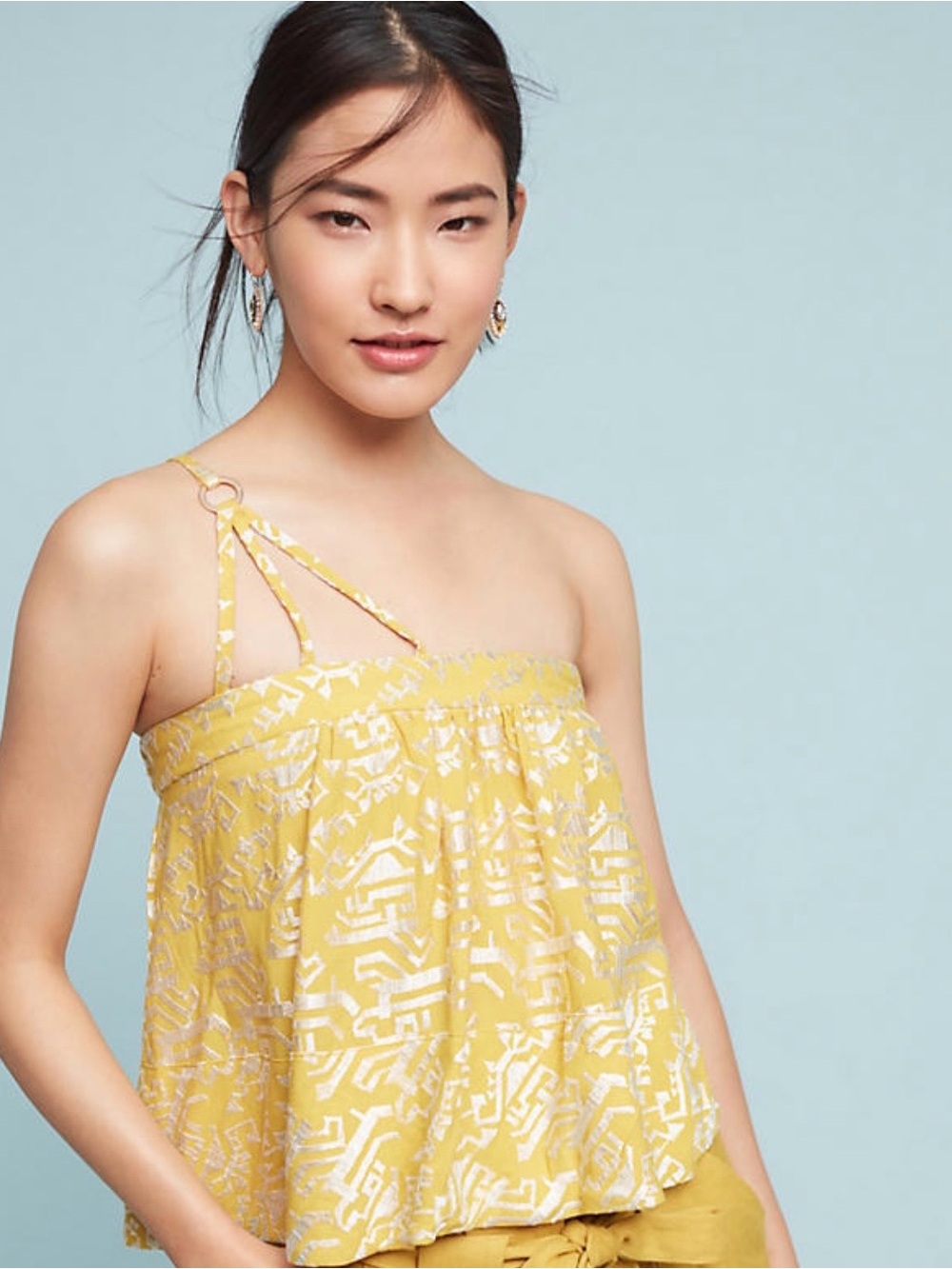 Anthropologie Metallic Yellow and White Printed One-Shoulder Blouse Floreat